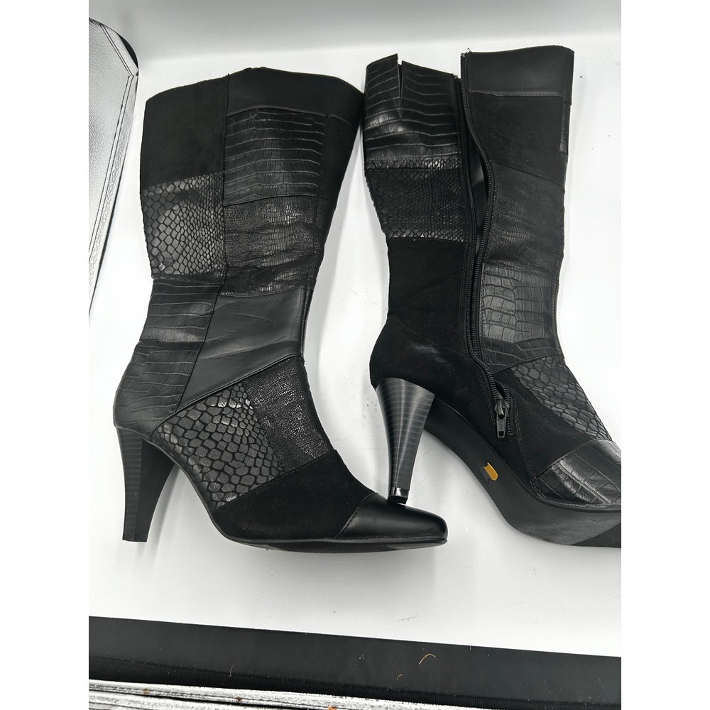 Cloud walkers black Patchwork Tall Boots Croc Snake Embossed Mixed MediaHeel 10W